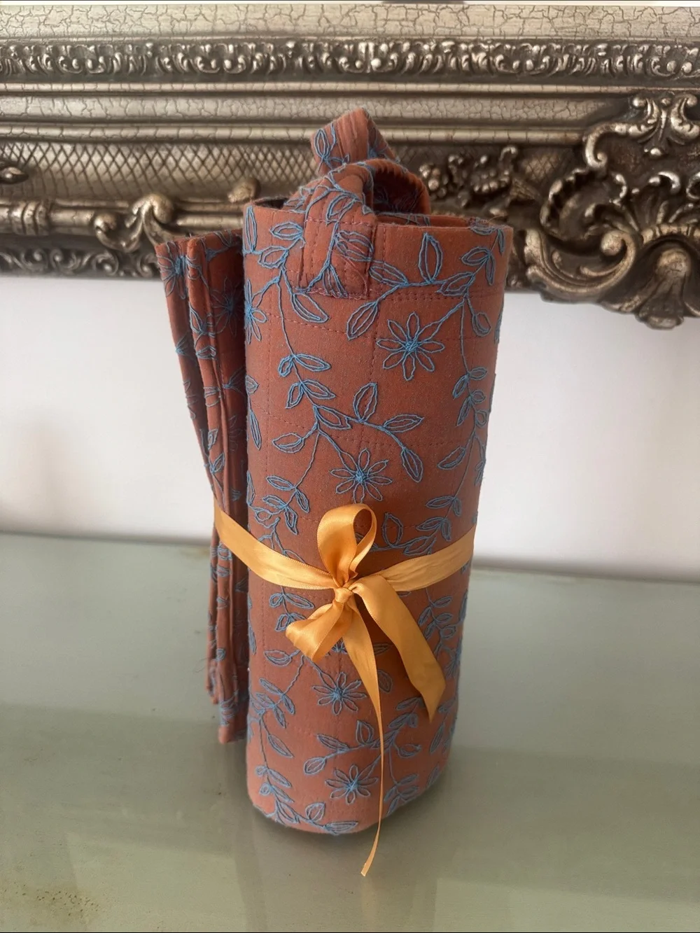 Rust Floral Embroidered Cushioned Tote Bag with Blue Accents